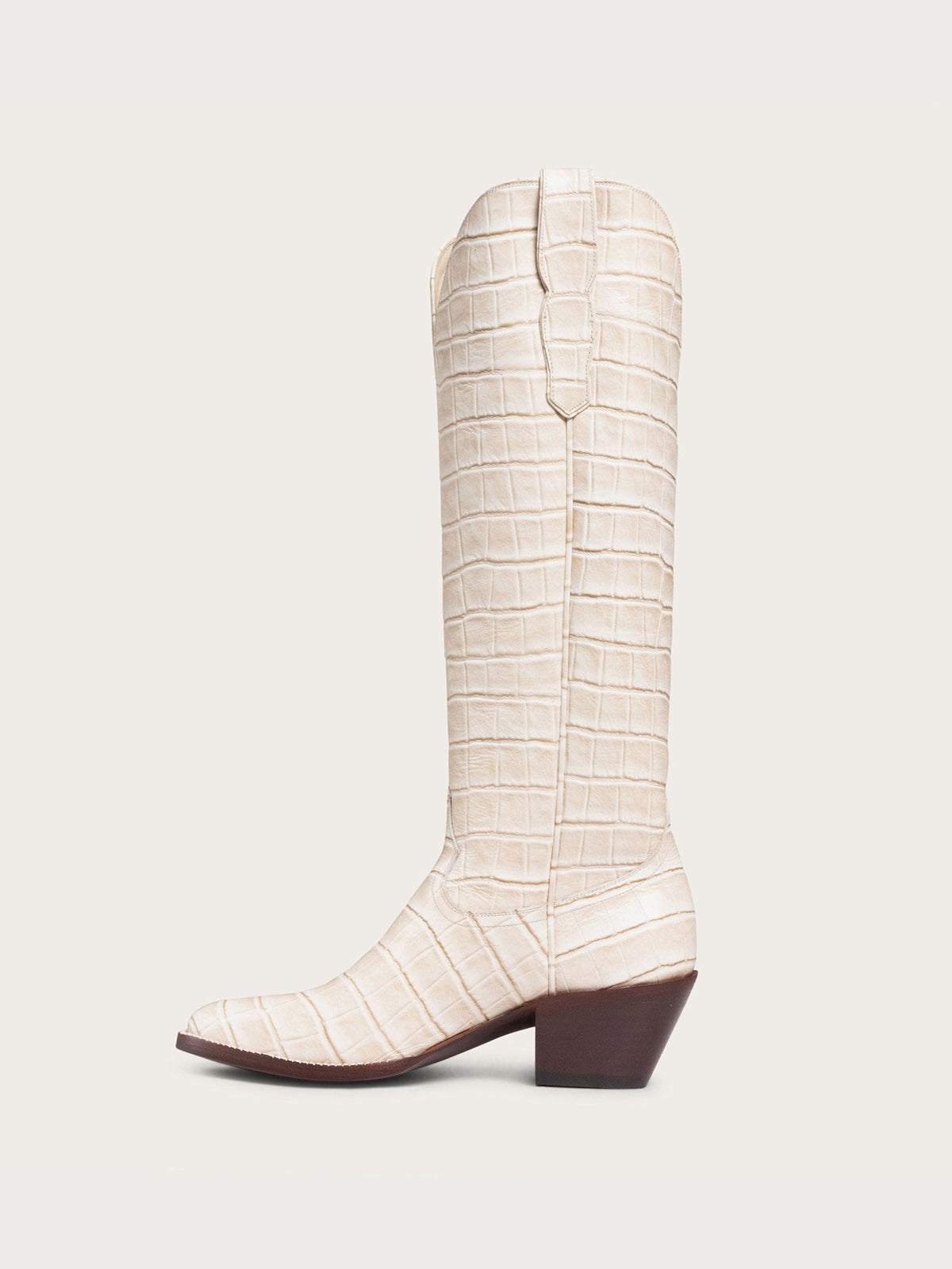 Bone Crocodile-Embossed Almond-Toe Wide Calf Tall Knee High Cowgirl Boots