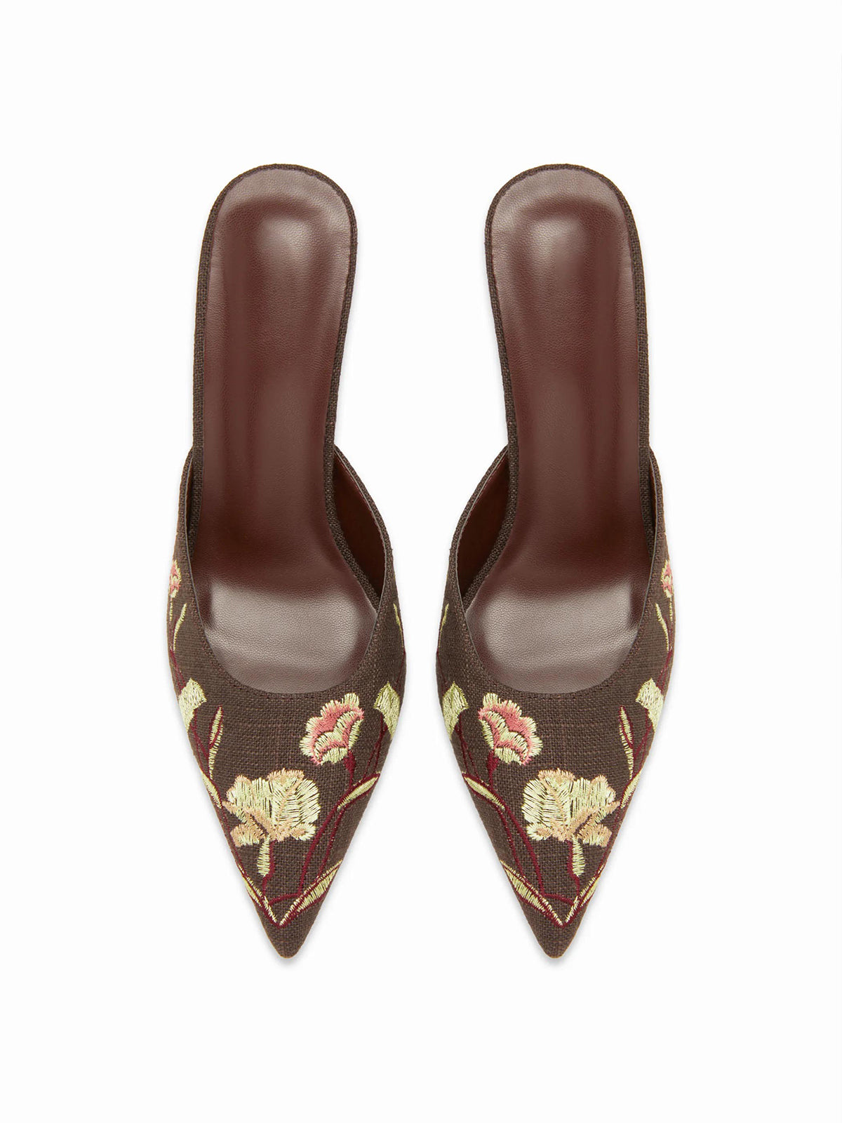 Coffee Woven Canvas Pointed-Toe Flower Embroidery Slip-On High Heels