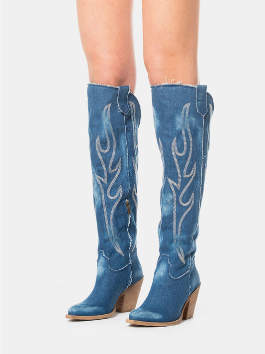 Blue Denim Snip-Toe Half-Zip Chic Embroidery Knee High Cowgirl Boots
