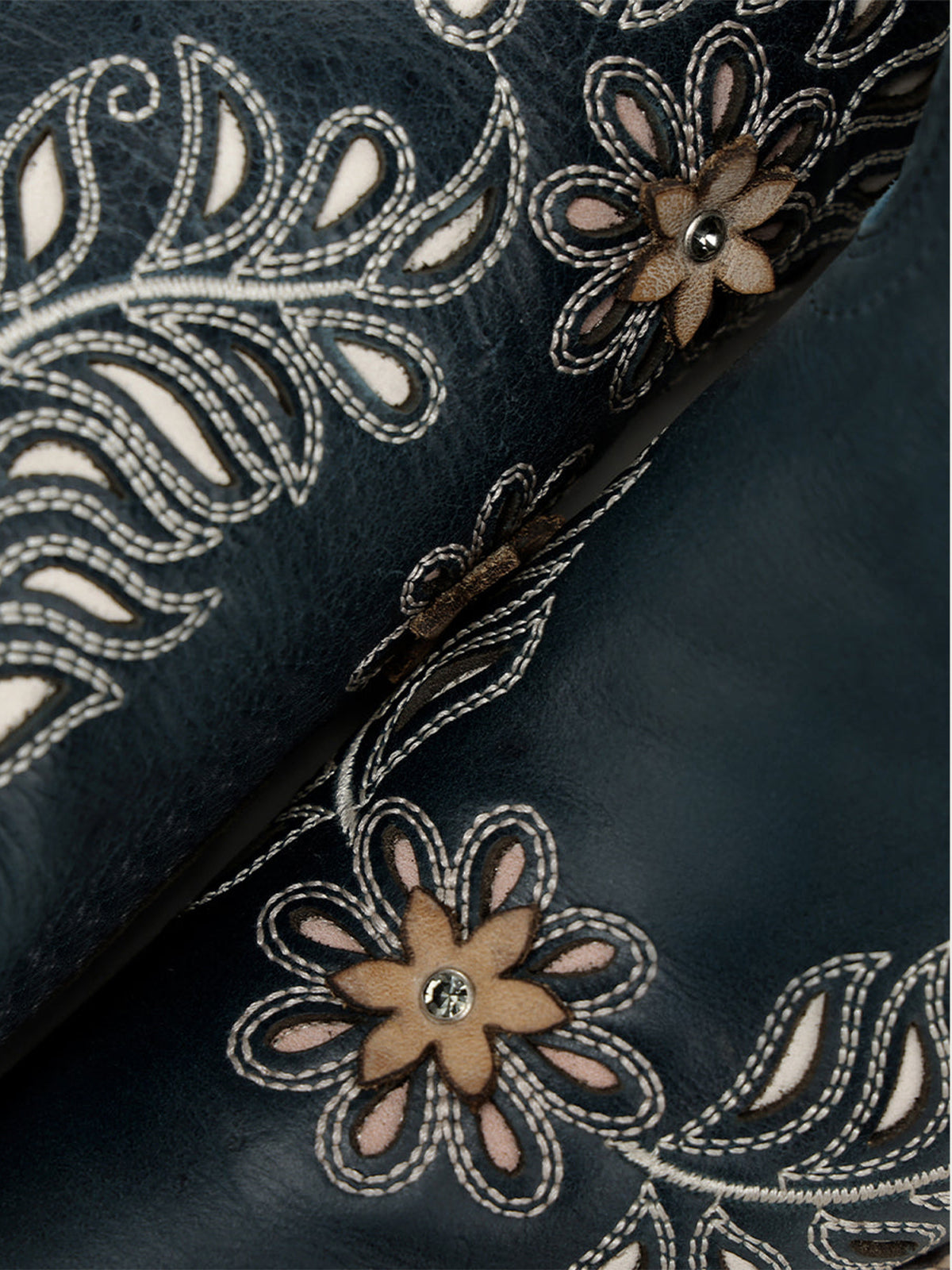 Navy Snip-Toe Leaves Flowers And Bird Inlay Half-Zip Knee High Cowgirl Boots