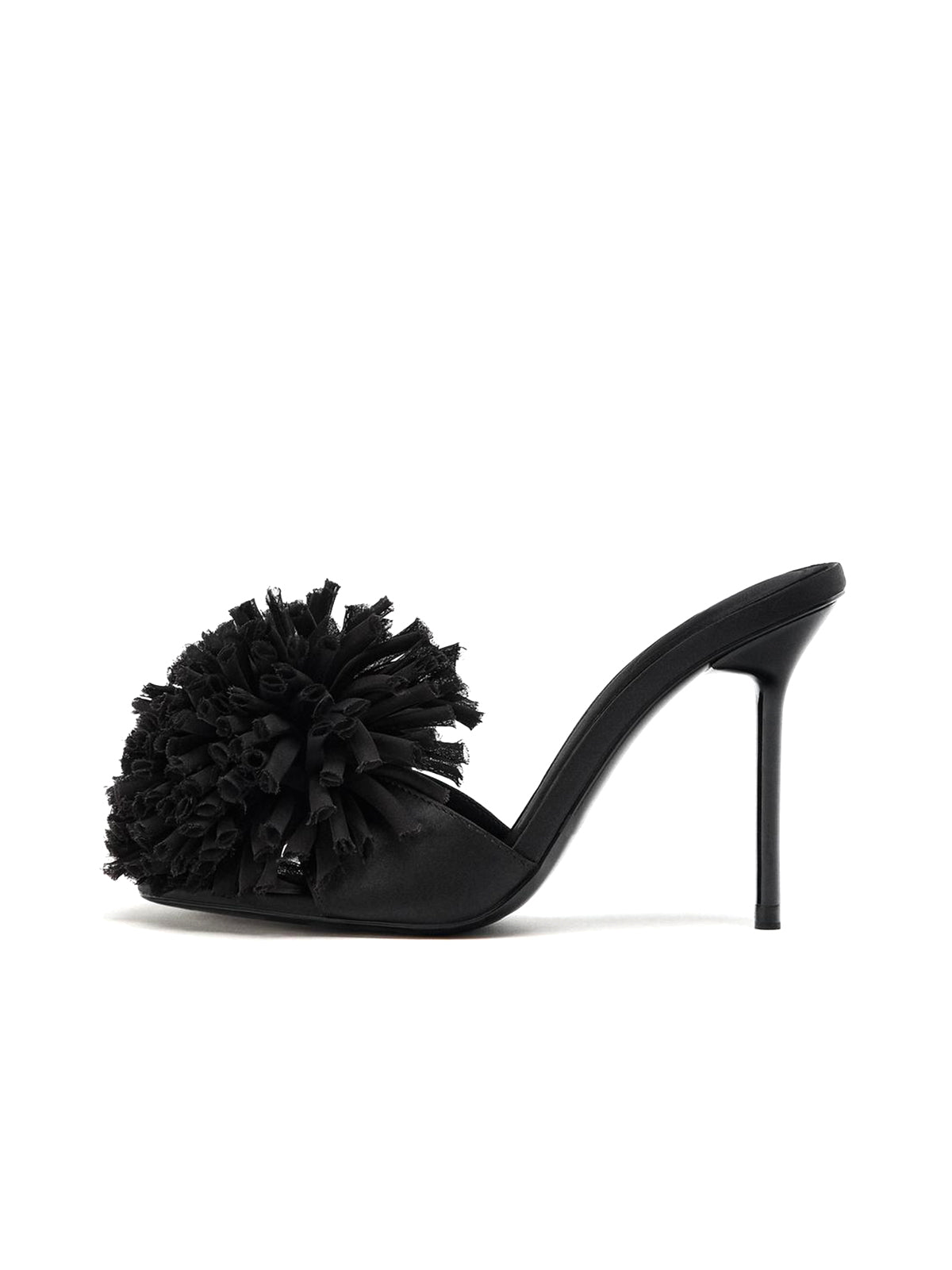 Black Satin Pointed-Toe Front Maxi Pompom Backless High Heels