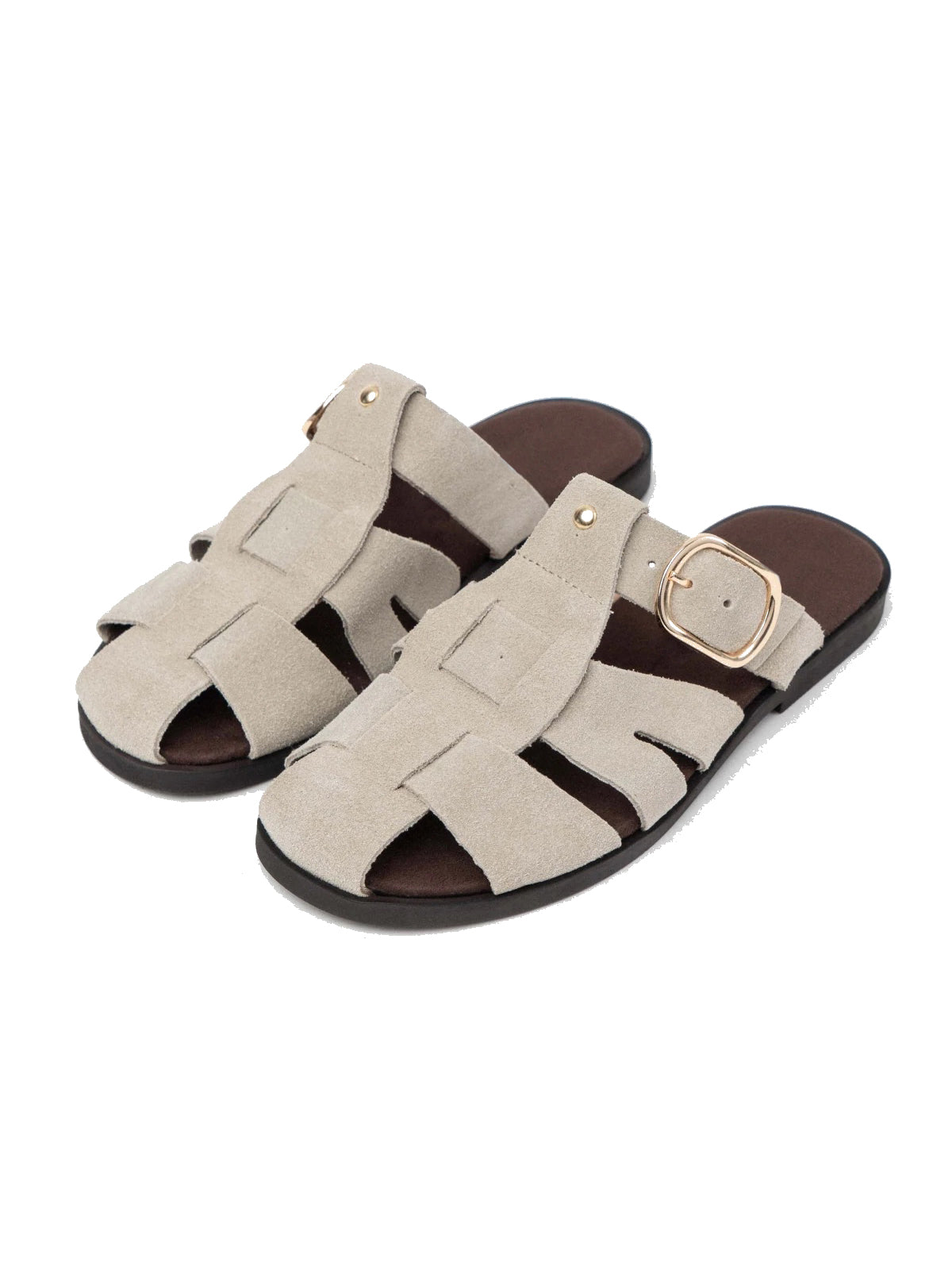 Beige Cow Suede Round-Toe Caged Detail Backless Flats