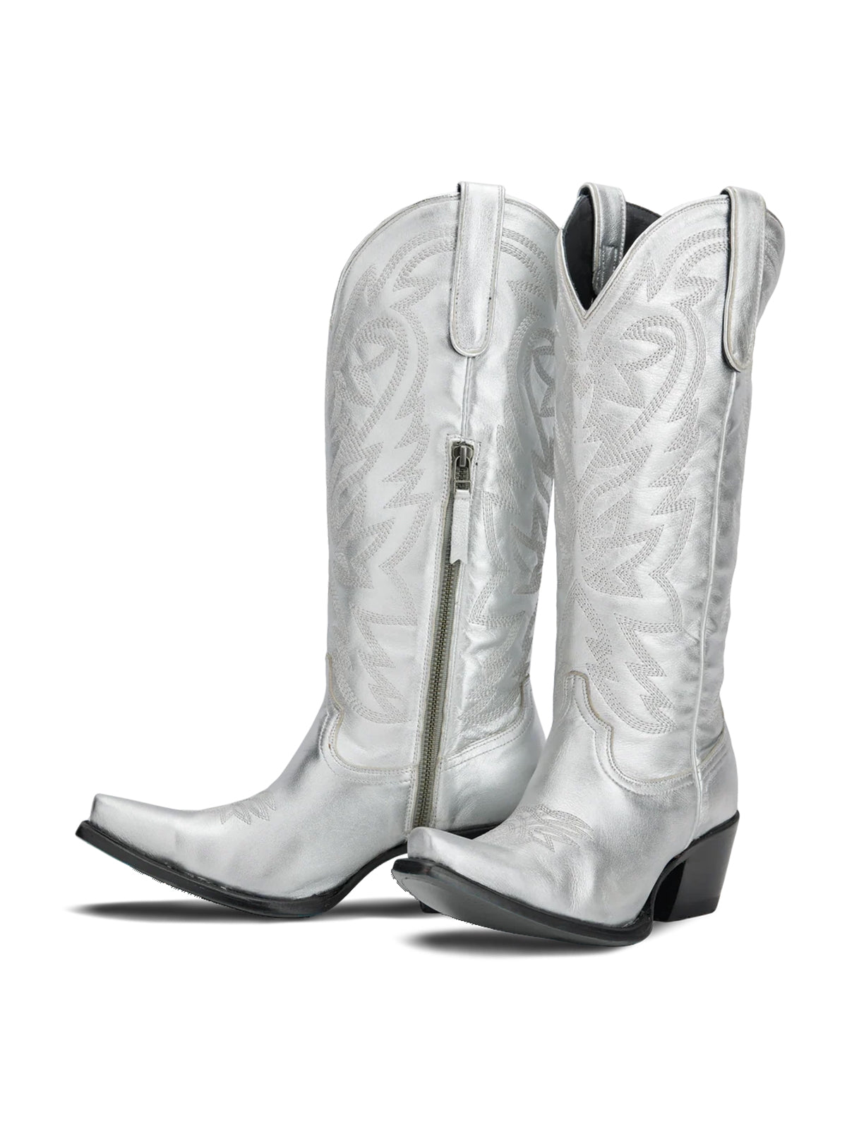 Western Snip-Toe Embroidery Classic Knee High Half-Zip Cowgirl Boots - Metallic Silver