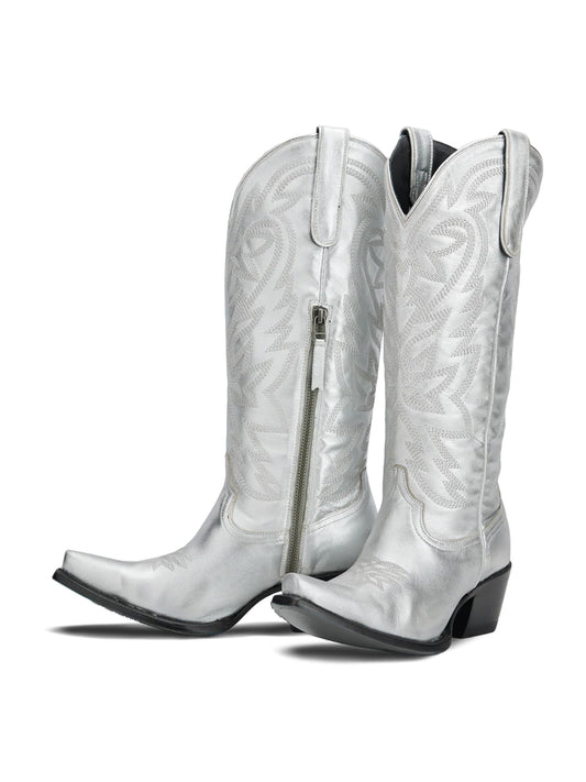 Western Snip-Toe Embroidery Classic Knee High Half-Zip Cowgirl Boots - Metallic Silver