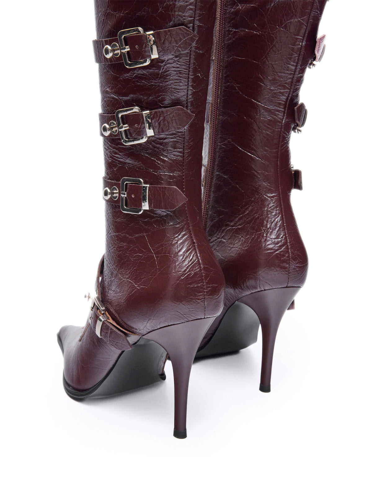 Distressed Wine Red Pointed-Toe Lace-Up Full-Zip Knee High Stiletto Boots With Buckles