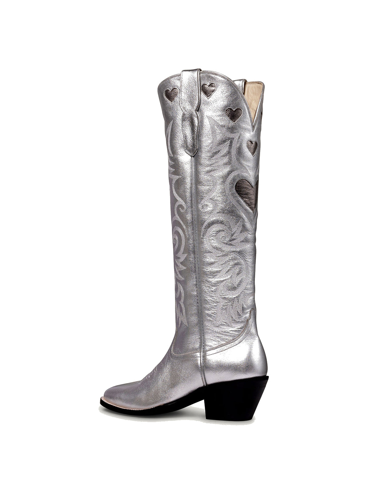 Metallic Silver Round-Toe Chic Hearts Inlay Wide Calf Knee High Cowgirl Boots