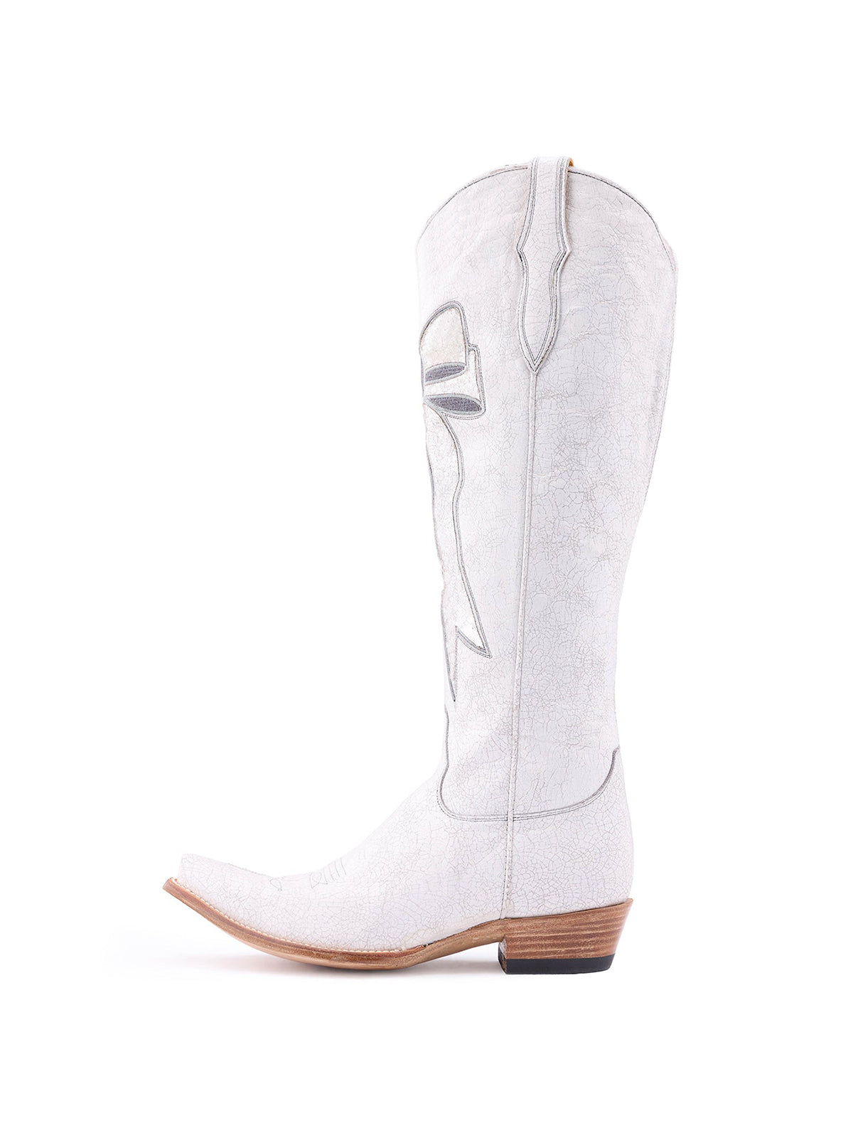 Distressed White Snip-Toe Silver Bowknot Inlay With Studs Half-Zip Knee High Cowgirl Boots