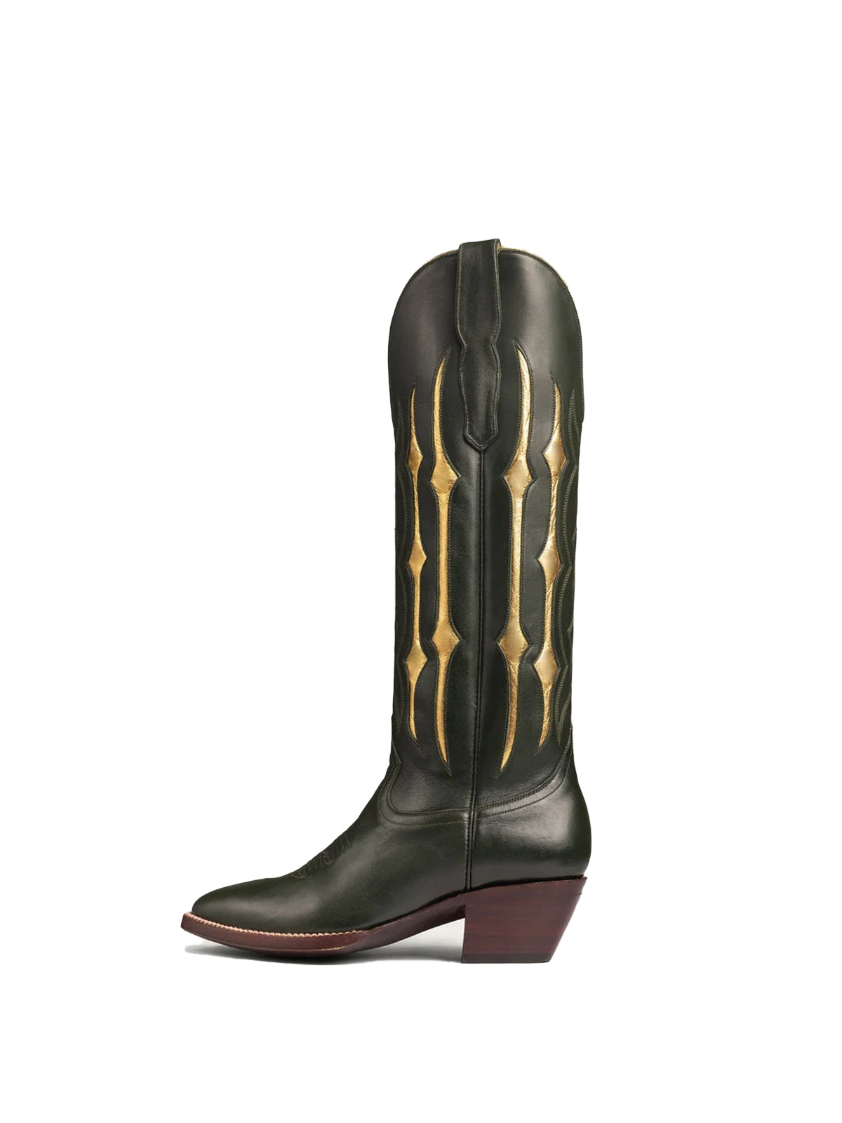 Green Contrast Metallic Gold Inlay Stitch Almond-Toe Wide Knee High Western Cowgirl Boots