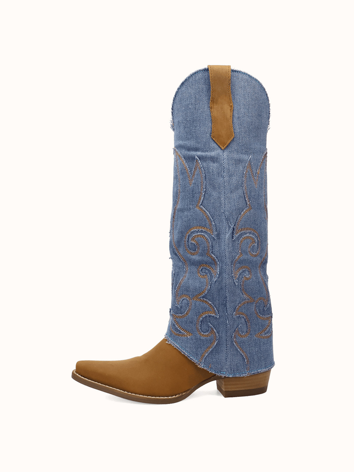 Blue Denim And Brown Snip-Toe Embroidery Fold-Over Wide Calf Knee High Cowgirl Boots