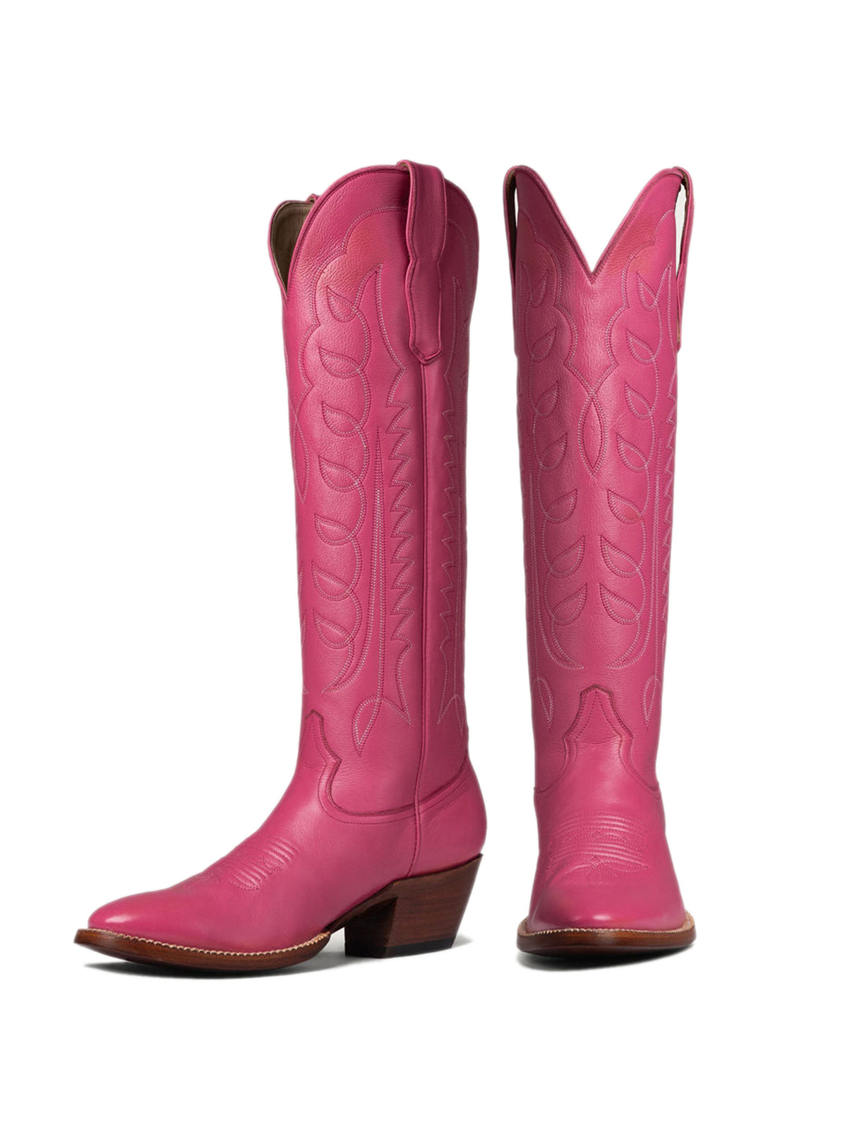 Pink Classic Almond-Toe Embroidery Tall Knee High Wide Calf Cowgirl Boots