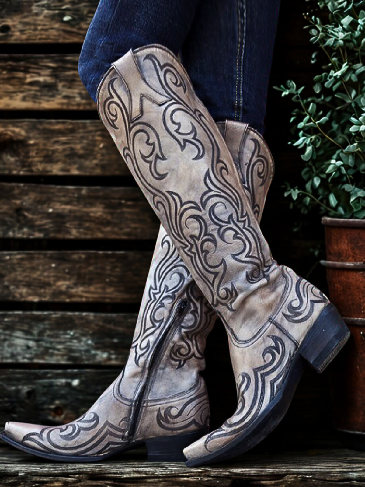 Distressed Bone Snip-Toe Delicate Embroidery Half-Zip Knee High Cowgirl Boots