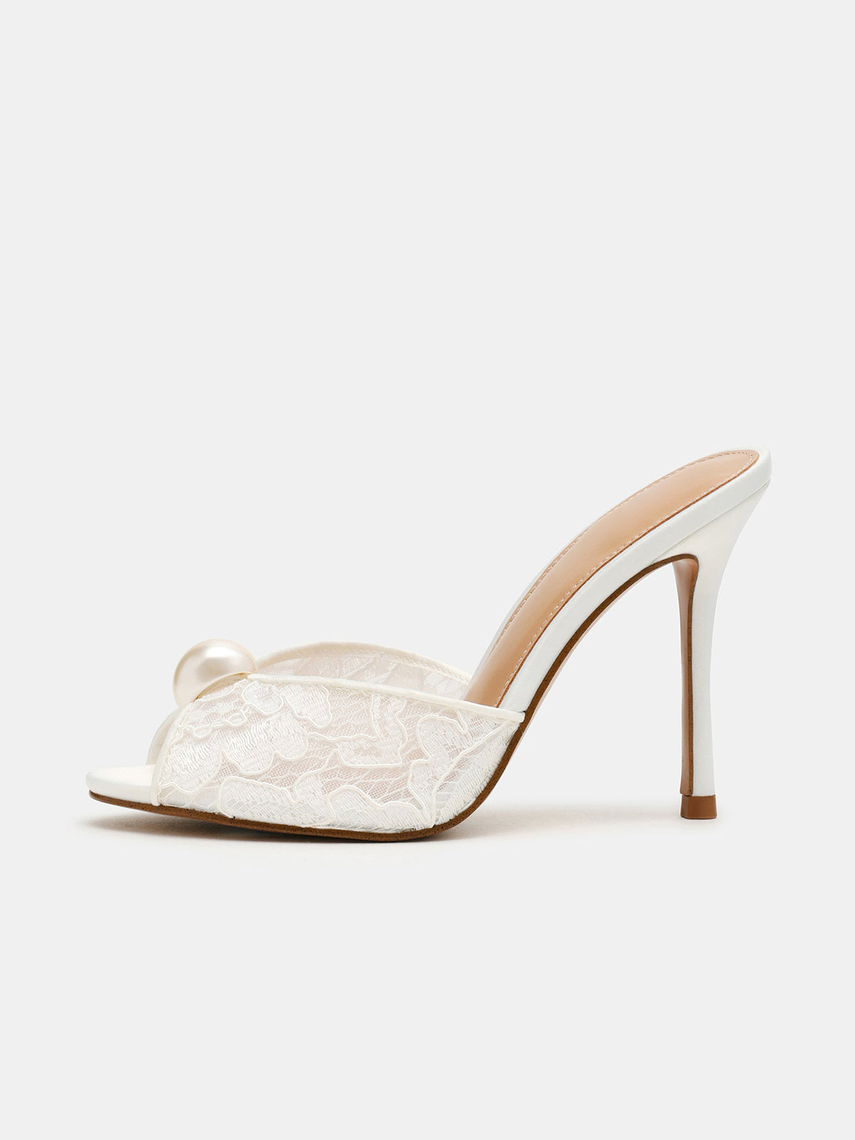 White Lace Mesh Peep Round-Toe Backless Slip-On High Heels