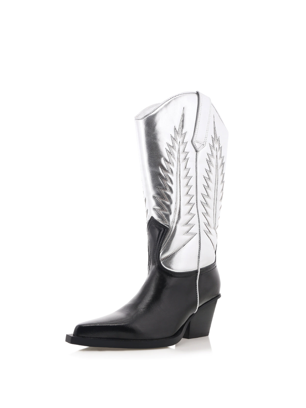 Contrast Silver And Black Pointed-Toe Embroidery Western Mid Calf Cowgirl Boots