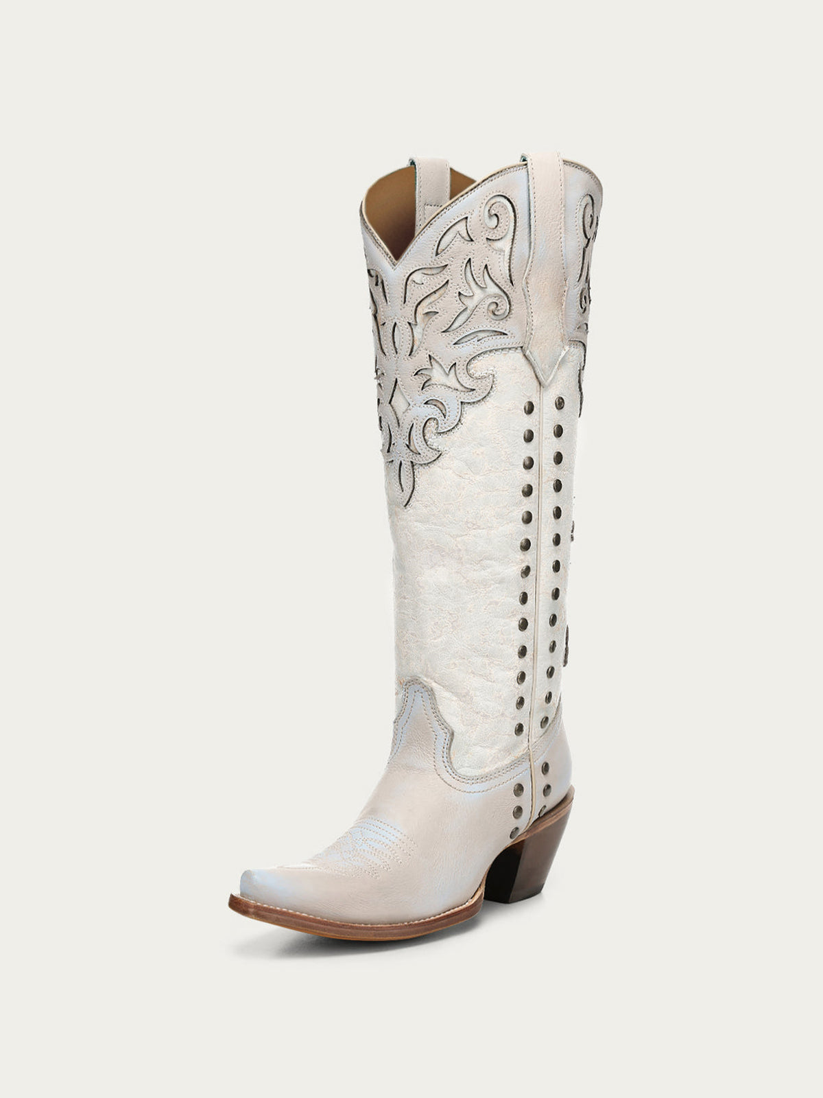 Blue And Distressed Bone Snip-Toe Applique And Side Studs Wide Calf Knee High Cowgirl Boots