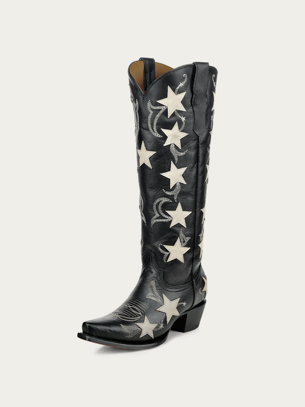 Black Snip-Toe Chic Star Inlay With Embroidery Wide Calf Knee High Cowgirl Boots