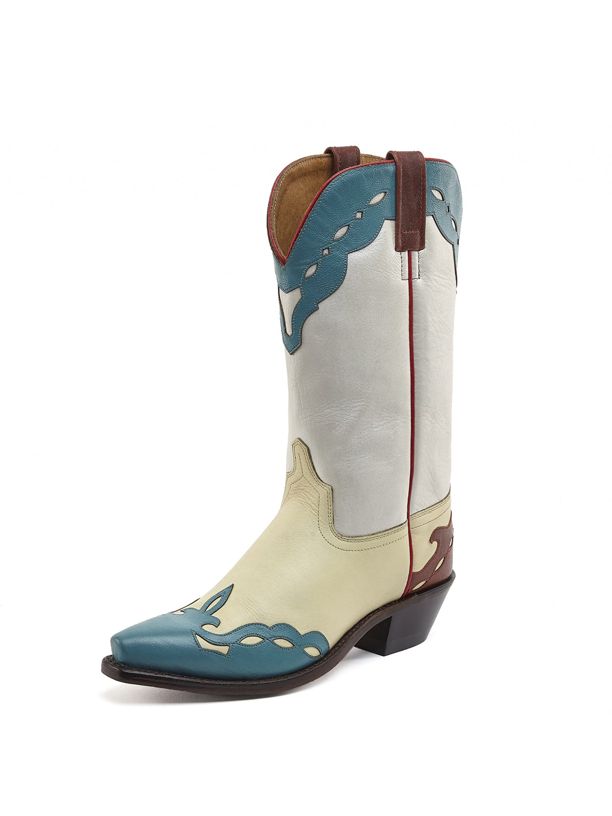 Teal And White Snip-Toe Floral Embroidery Mid Calf Cowgirl Boots