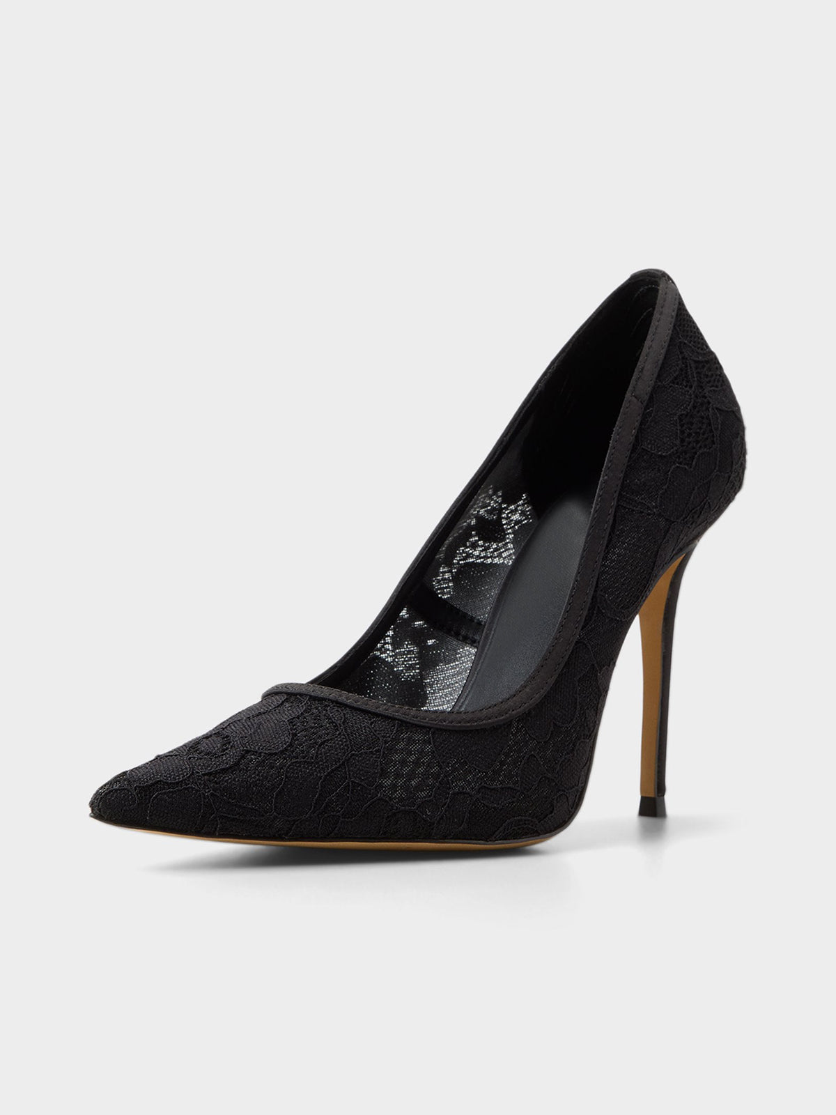 Black Lace Mesh And Satin Pointed-Toe Slip-On Pumps High Heels