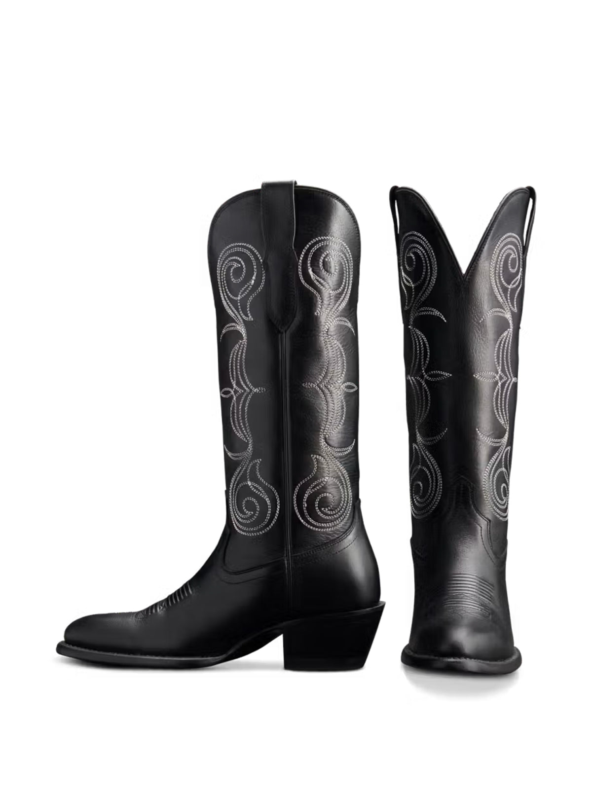 Black Round-Toe Knee High Wide Calf Embroidery Cowgirl Boots