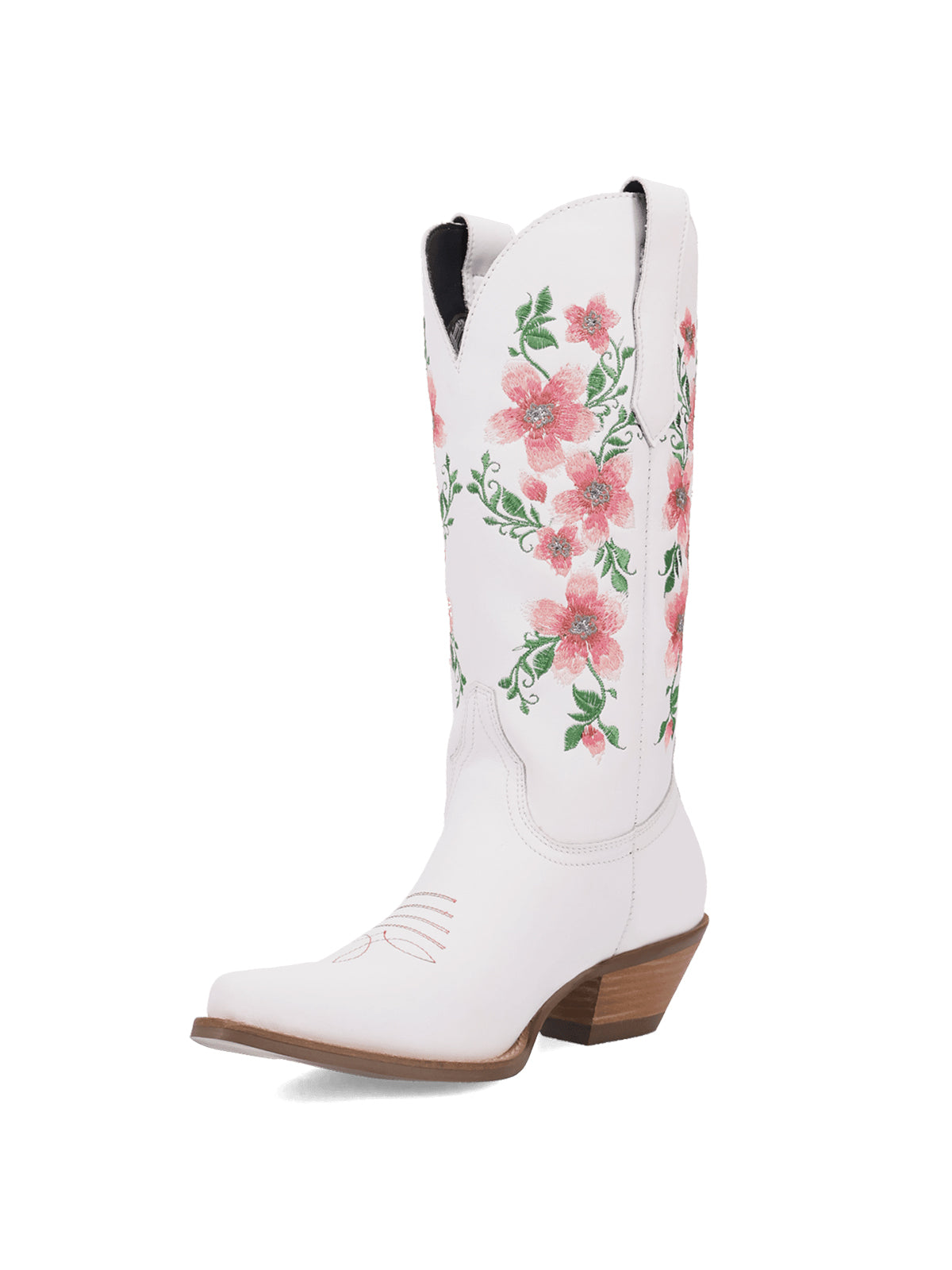 White Snip-Toe Pink Florals Embroidery Chic Mid Calf Cowgirl Boots