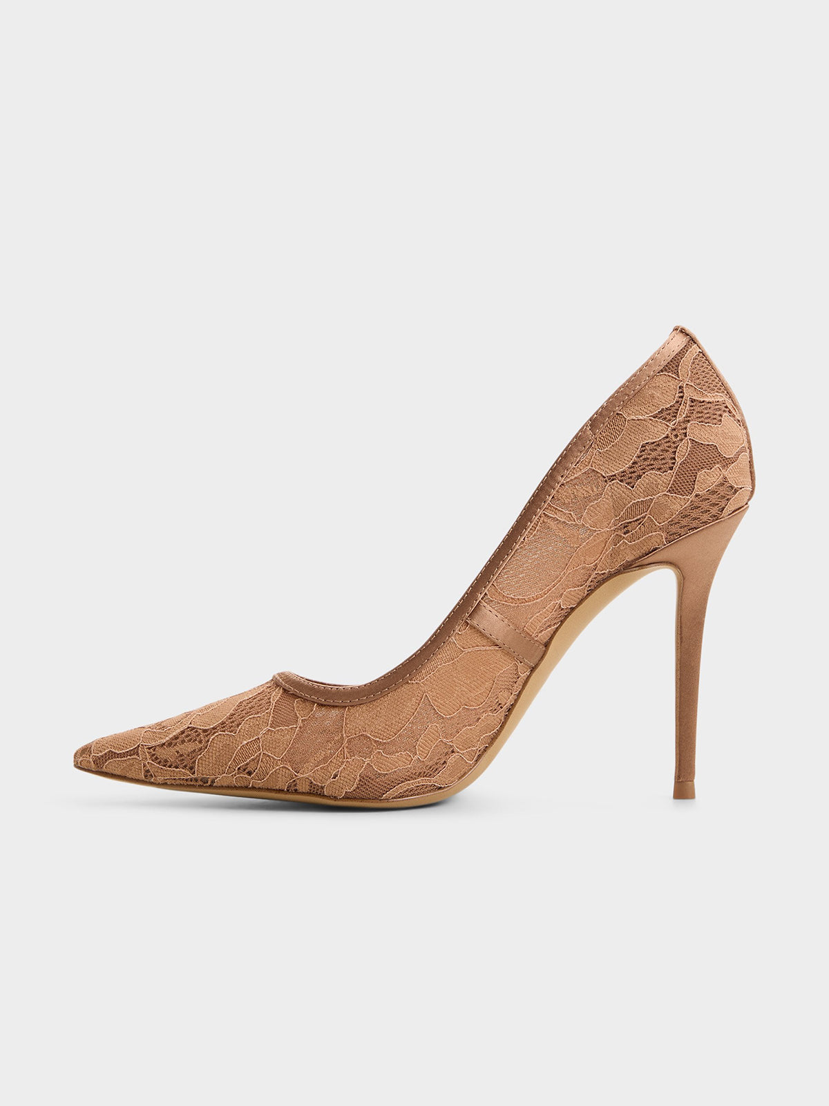 Brown Lace Mesh And Satin Pointed-Toe Slip-On Pumps High Heels