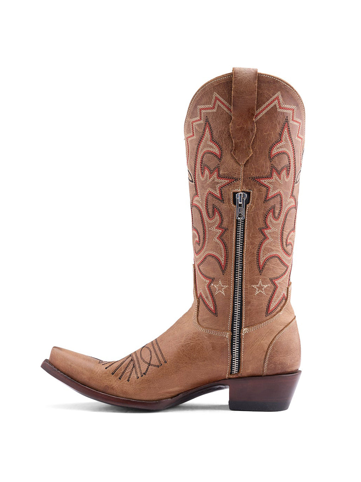 Cognac Snip-Toe Classic And Star Embroidery Half-Zip Mid Calf Cowgirl Boots