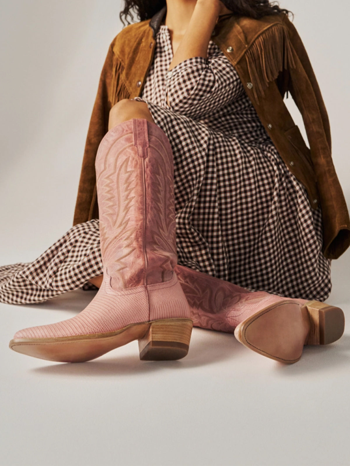 Western Embroidery Almond-Toe Tall Knee High Cowgirl Boots - Distressed Pink