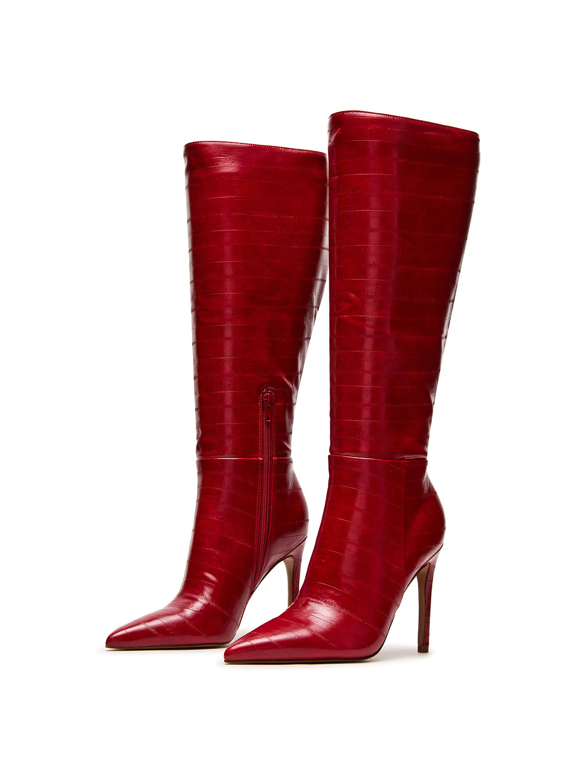 Red Eel Pattern Pointed-Toe Half-Zip Knee High Stiletto Boots