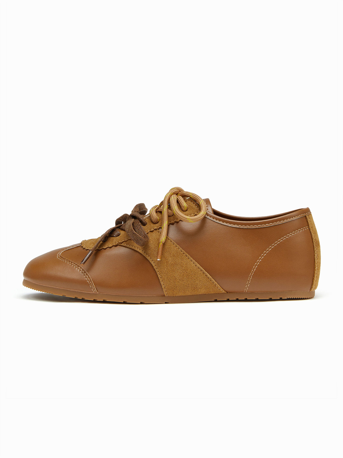 Brown Cow Suede And Cow Leather Square-Toe Lace-Up Flats Sneakers