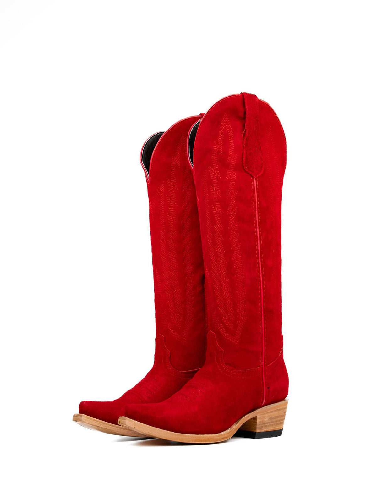 Red Faux Suede Snip-Toe Embroidery Half-Zip Classic Knee High Cowgirl Boots