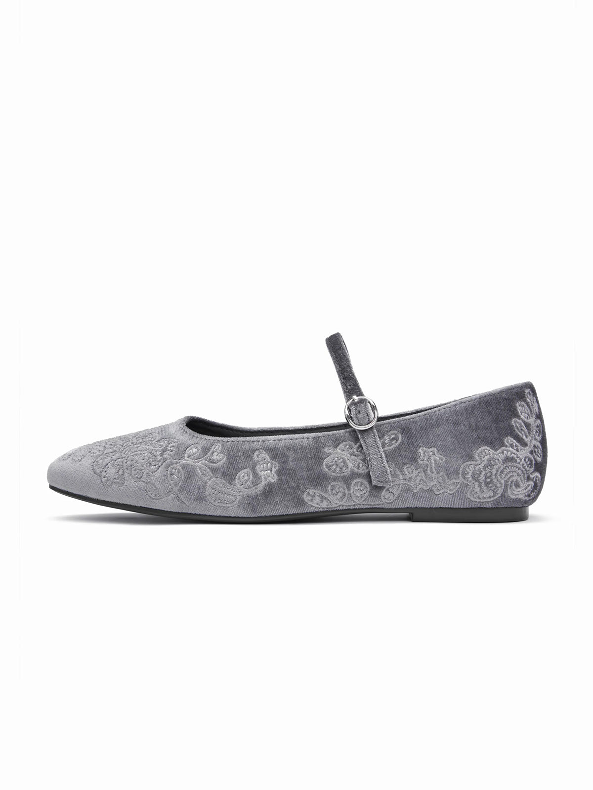 Gray Velvet Square-Toe Leaves Embroidery Chic Mary Jane Ballet Flats