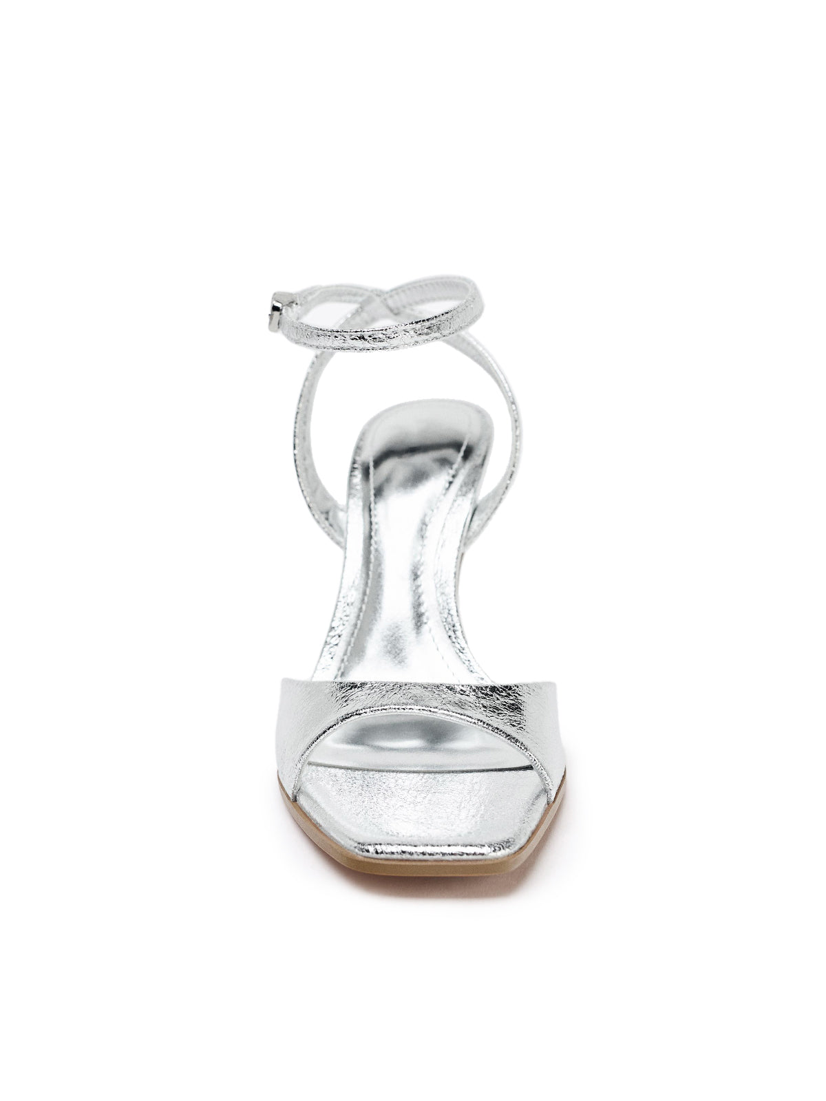 Ankle Strap Square-Toe Slingback High Heels - Metallic Silver