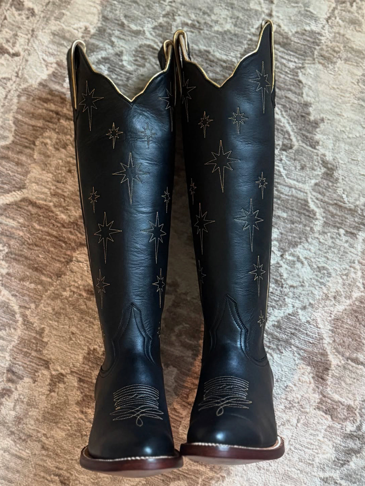 Black Almond-Toe North Stars Embroidery Wide Calf Knee High Cowgirl Boots