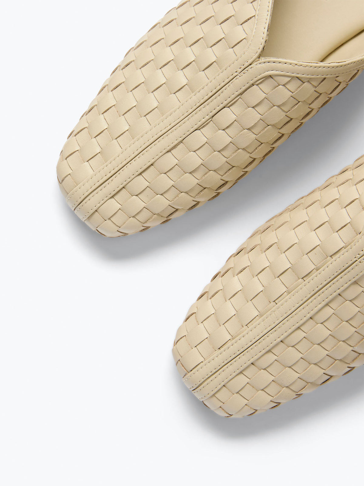 Beige Woven Vegan Leather Square-Toe Simple Backless Slide Flats