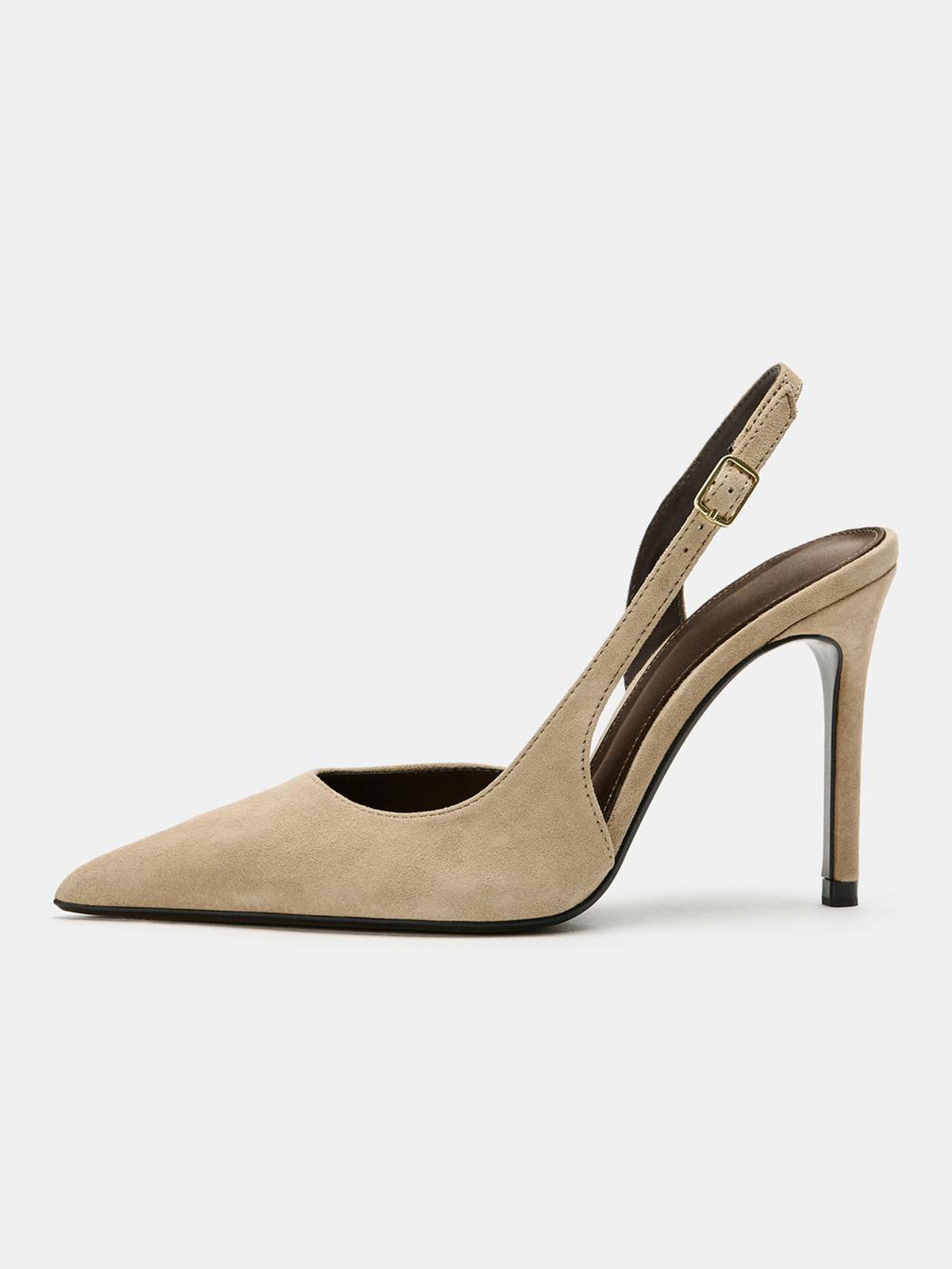 Beige Faux Suede Pointed-Toe Buckle Back Strap High Stiletto Heels