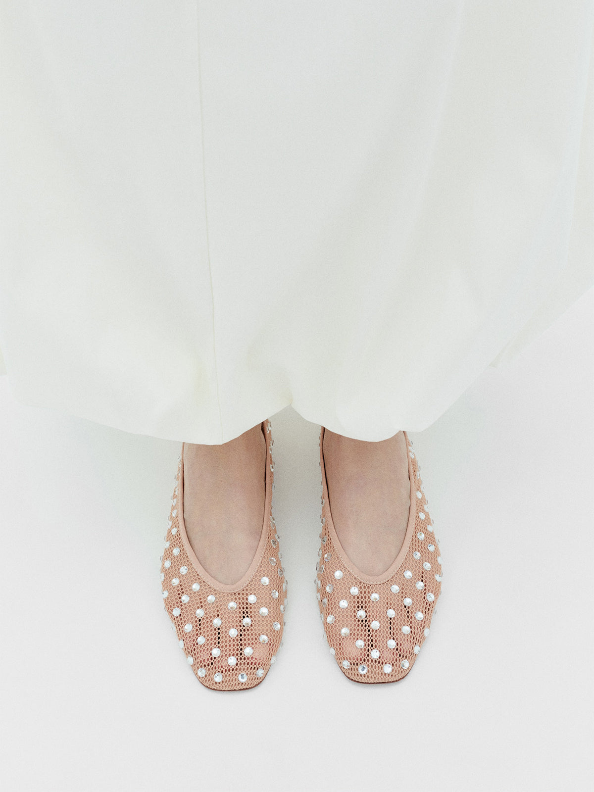 Nude Mesh Square-Toe Rhinestone Ballet Flats