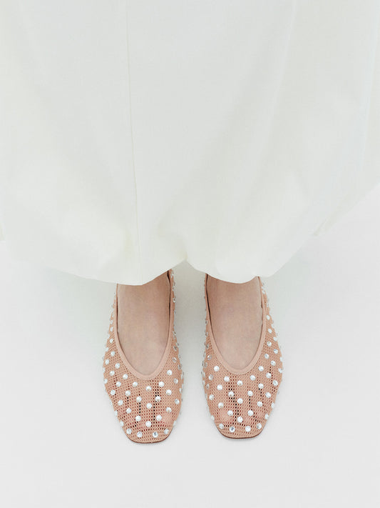 Nude Mesh Square-Toe Rhinestone Ballet Flats