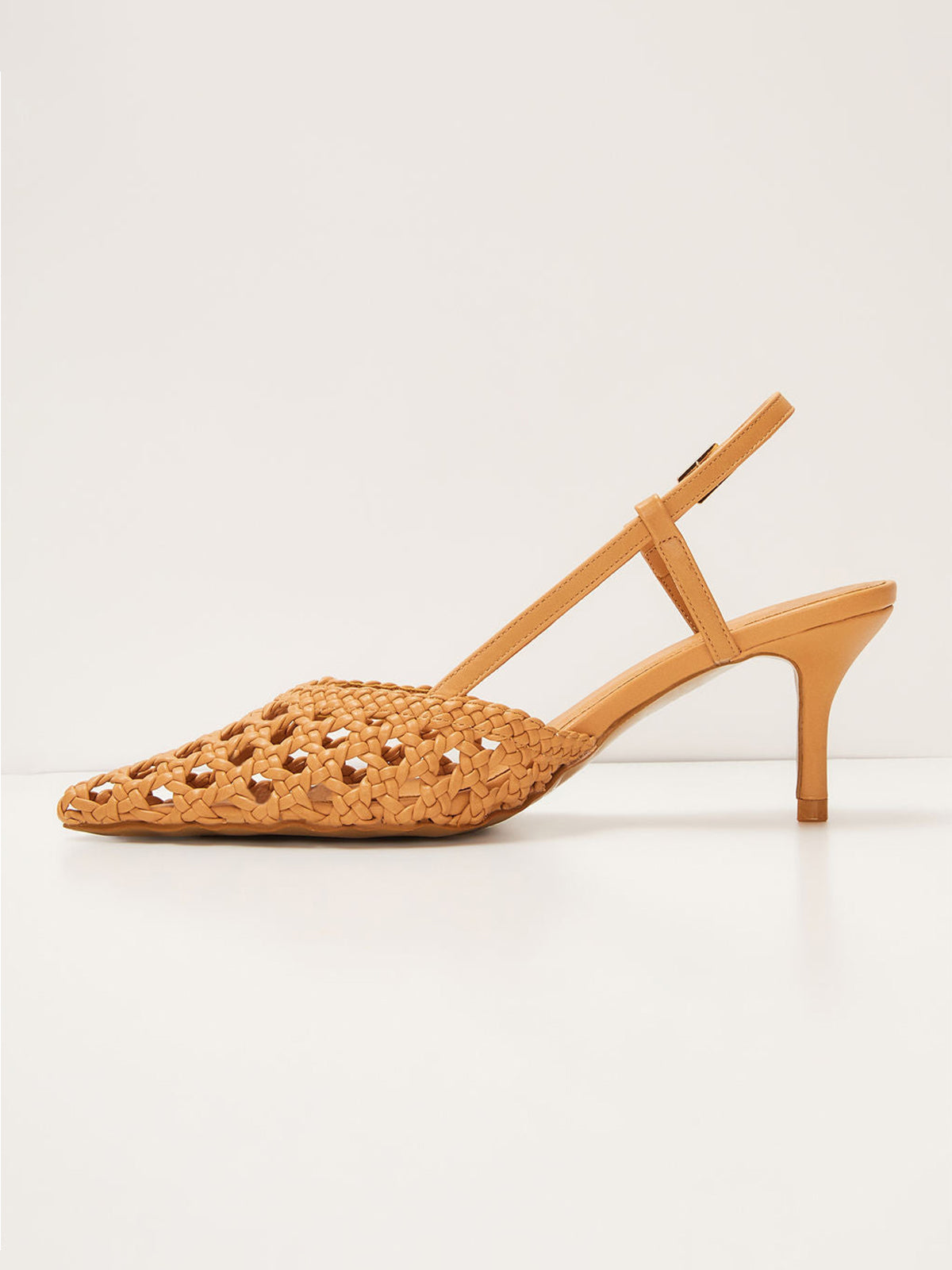 Tan Woven Vegan Leather Pointed-Toe Classic Slingback Pumps Kitten Heels