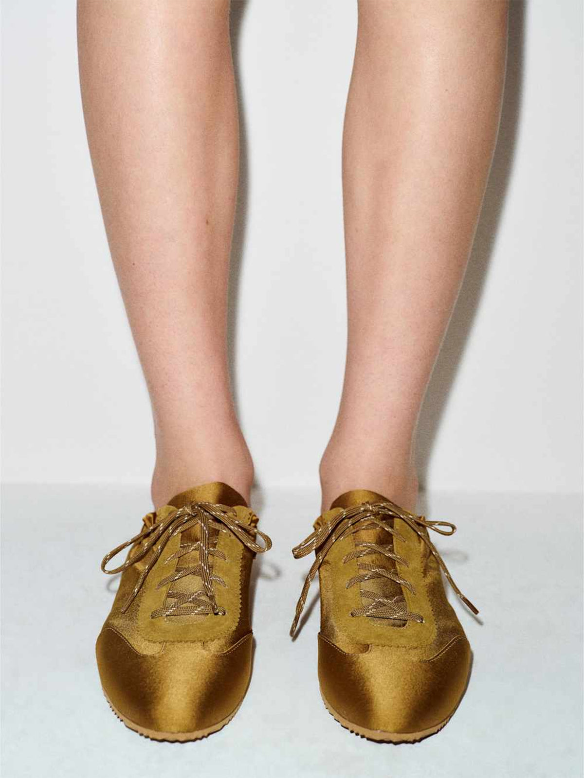 Olive Green Satin And Cow Suede Lace-Up Chic Flats Sneakers