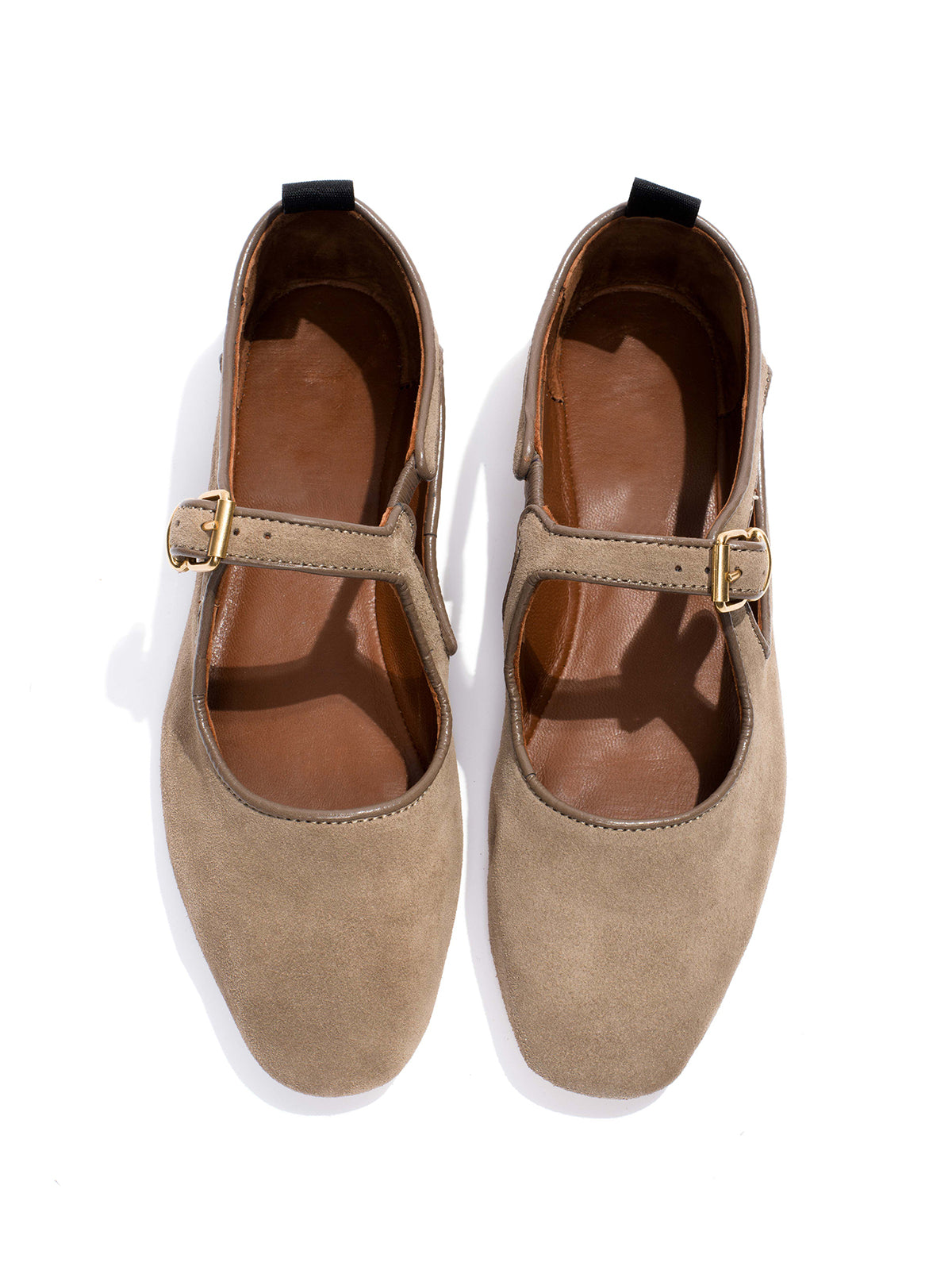 Square-Toe Buckle Strap Chic Flats - Taupe Faux Suede
