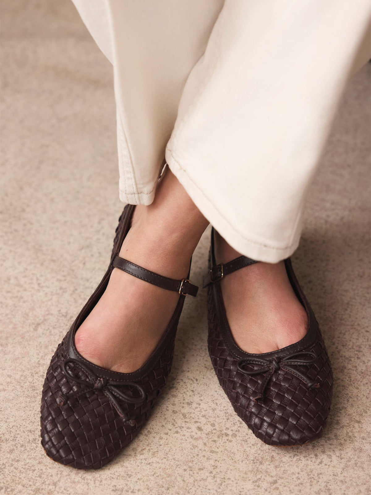 Burgundy Woven Vegan Leather Square-Toe Front Bow And Mary Jane Flats