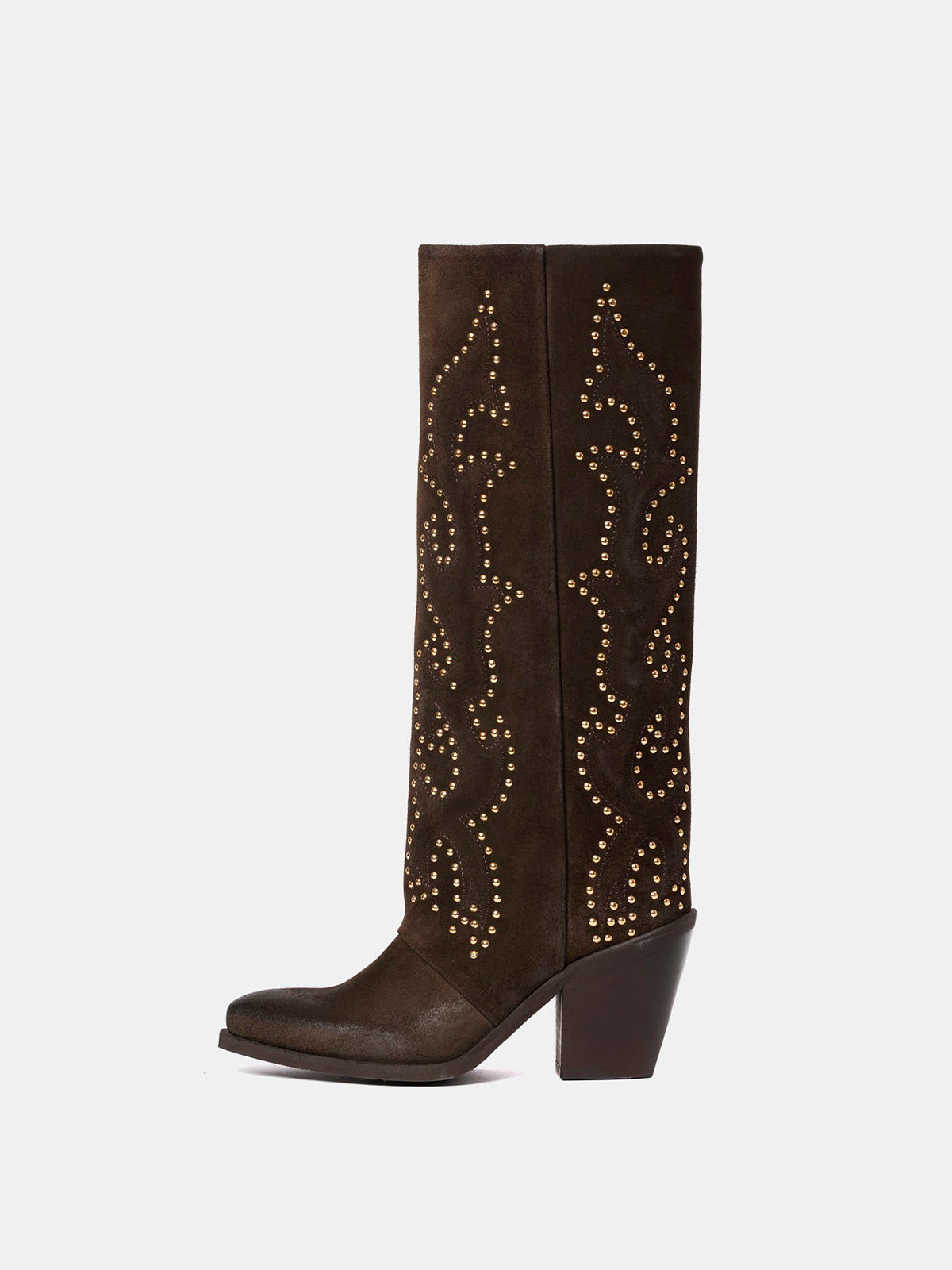 Brown Faux Suede Snip-Toe Embroidery Gold Studs Wide Calf Knee High Cowgirl Boots