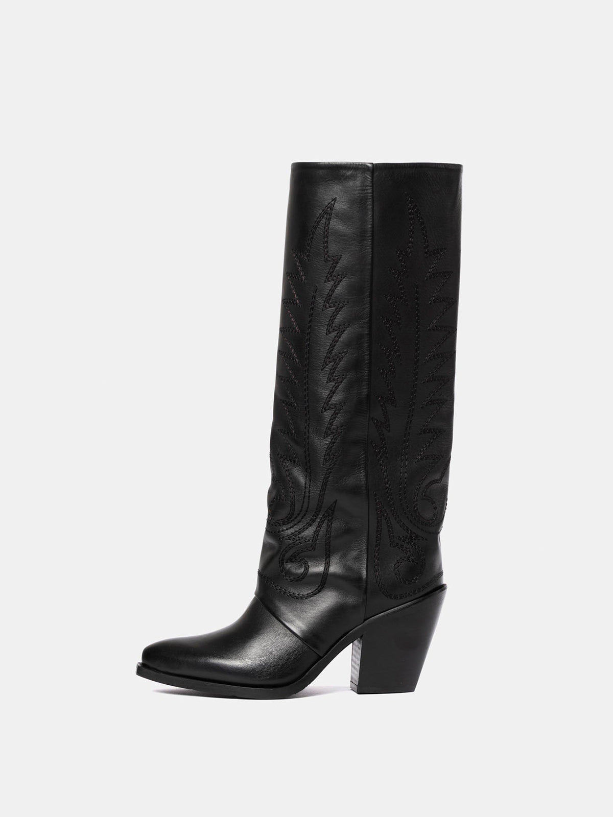 Black Snip-Toe Vegan Leather Classic Embroidery Mid Calf Cowgirl Boots