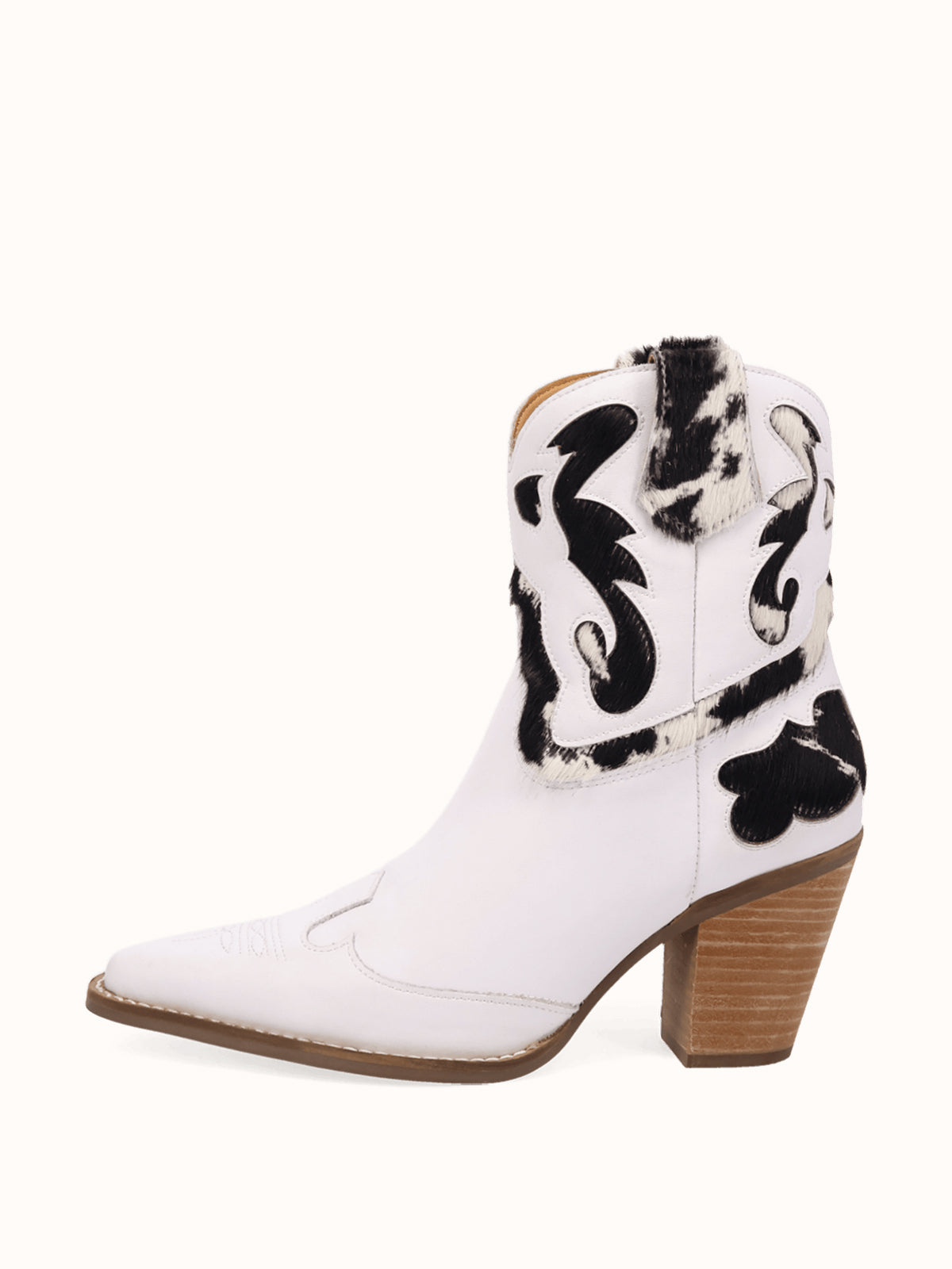 White And Cow Pattern Snip-Toe Sleek Ankle Cowgirl Boots