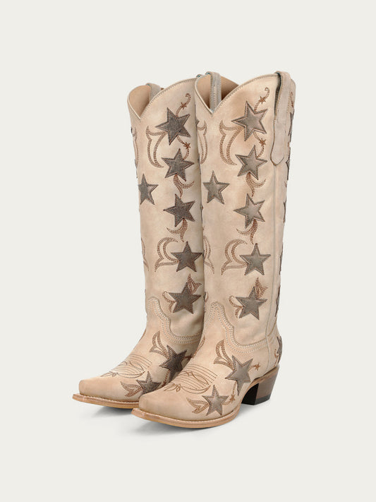Dark Bone Snip-Toe Chic Star Inlay With Embroidery Wide Calf Knee High Cowgirl Boots