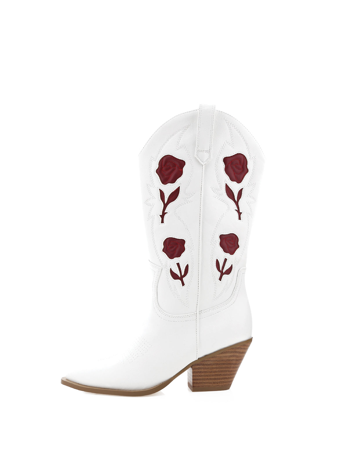 White Almond-Toe Red Rose Inlay Mid Calf Cowgirl Boots