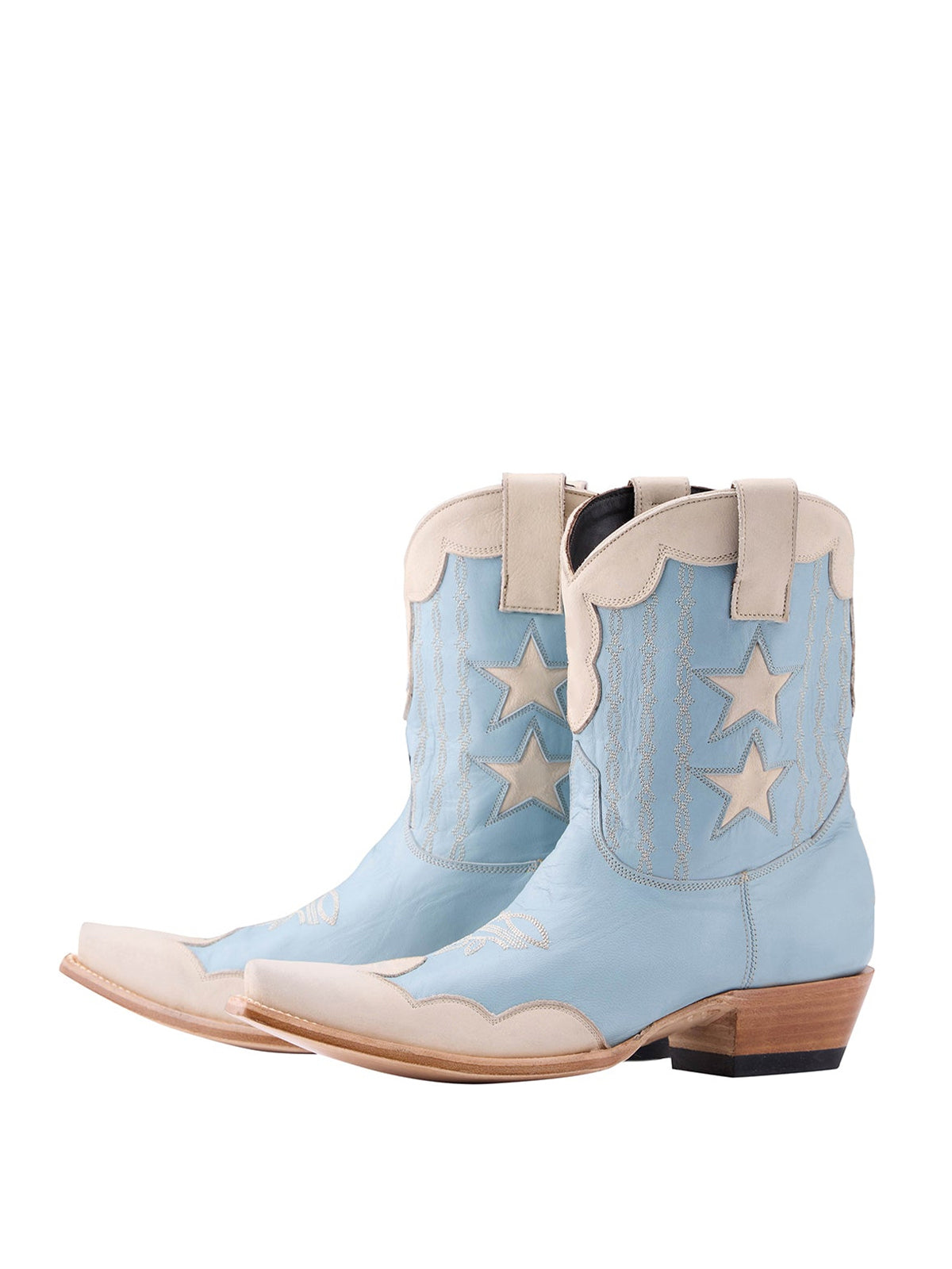 Snip-Toe Stars Inlay Chic Embroidery Ankle Cowgirl Boots - Blue And Ivory