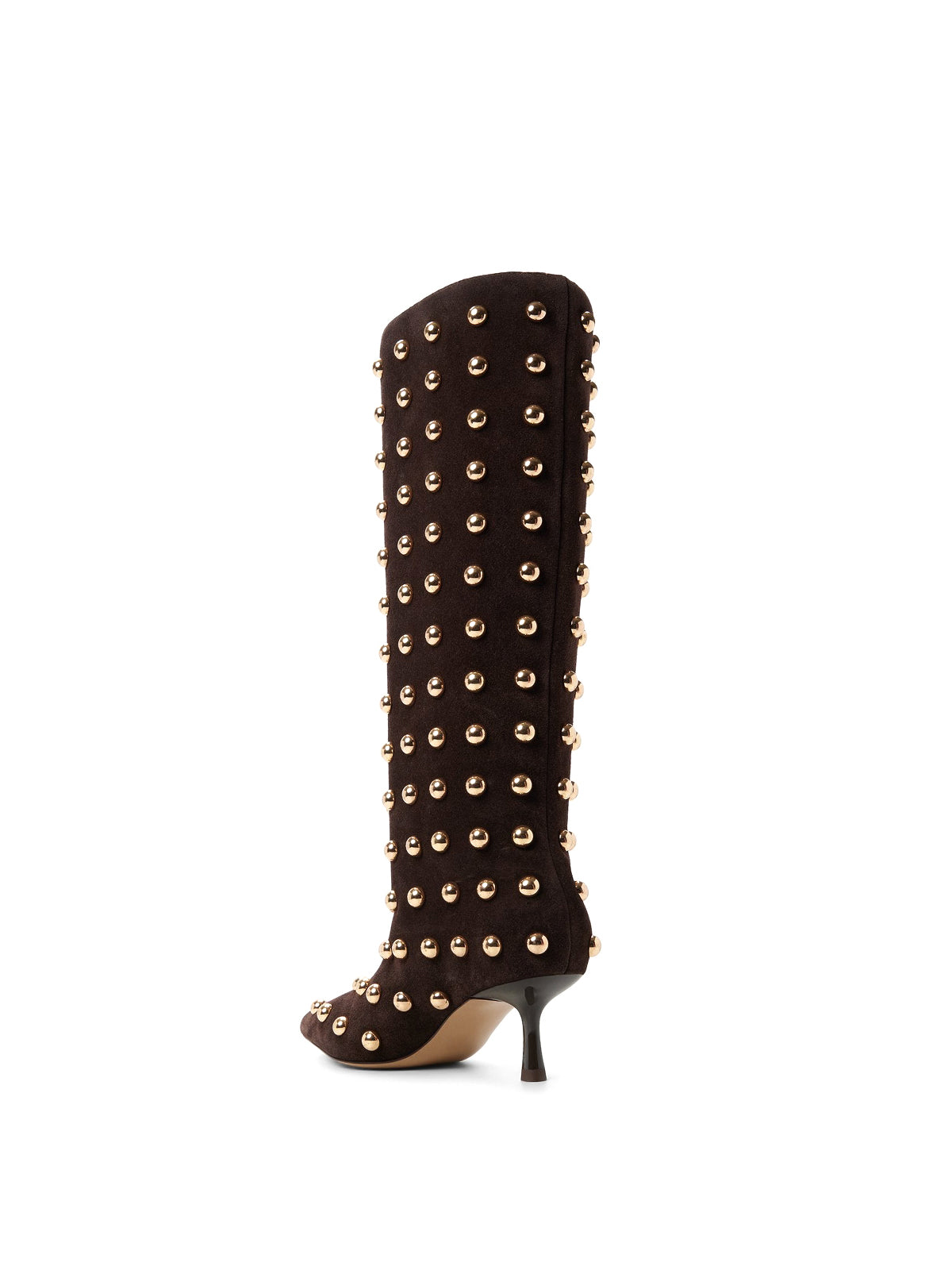 Brown Faux Suede Pointed-Toe Full Studs Wide Calf Knee High Stiletto Boots
