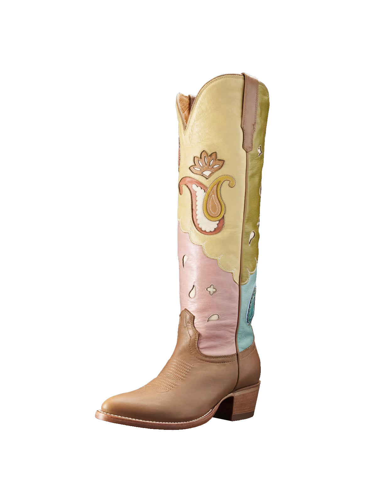 Contrast Multi-Color Almond-Toe Delicate Inlays Wide Calf Knee High Cowgirl Boots