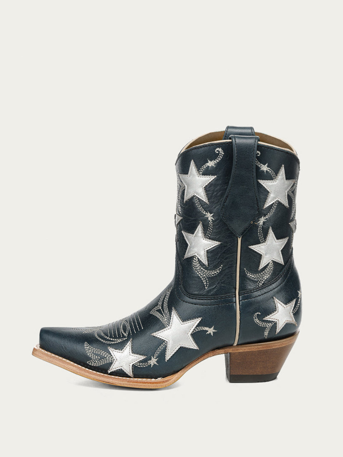 Navy Snip-Toe Star Inlay With Embroidery Ankle Cowgirl Boots