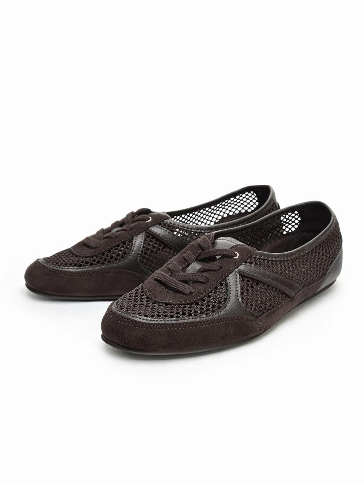 Coffee Faux Suede And Mesh Round-Toe Lace-Up Flats Sneakers